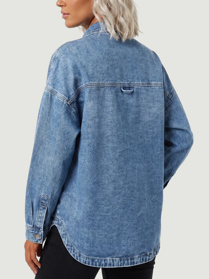 Women’s Relaxed Denim Shirt Jacket With Pockets & Curved Hem