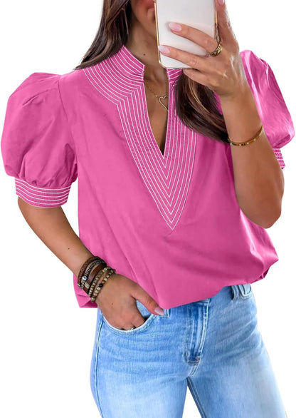 Womens Puff Short Sleeve Blouses V Neck Tops Loose Fit Tee Shirts