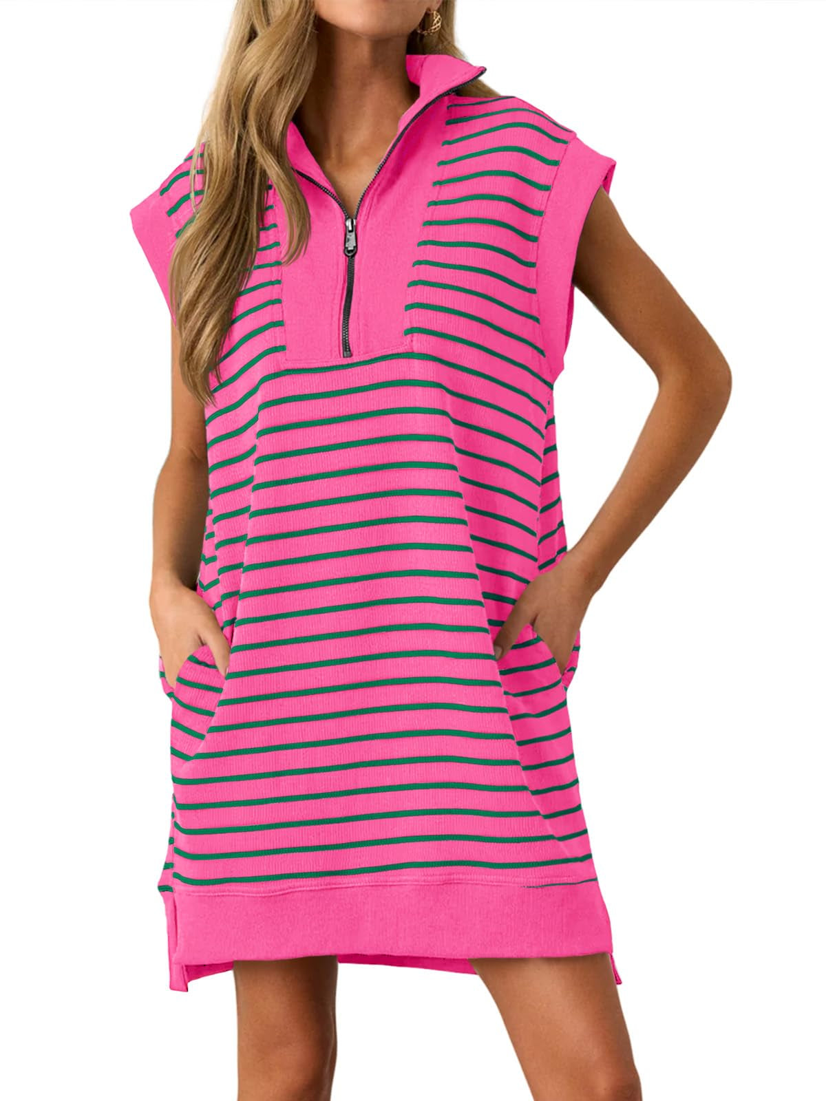 🔥Hot Sale 49% Off-Women's Striped Casual Zipper Cap Sleeve Mini Dress