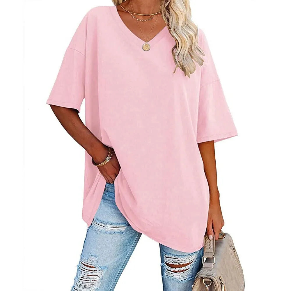 HOT SALE-WOMENS LOOSE FASHION V-NECK TOP SHORT & LONG OPTION
