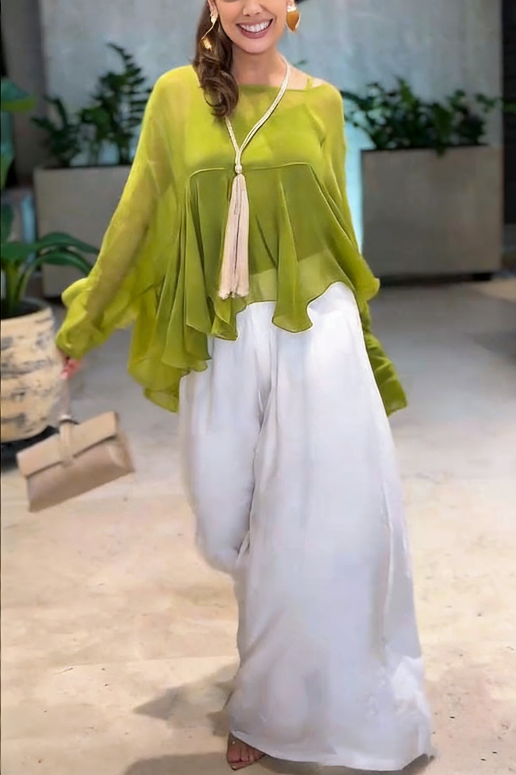 Romantic Journey Chiffon Ruffle Batwing Sleeve Top and Elastic Waist Pocket Loose Pants