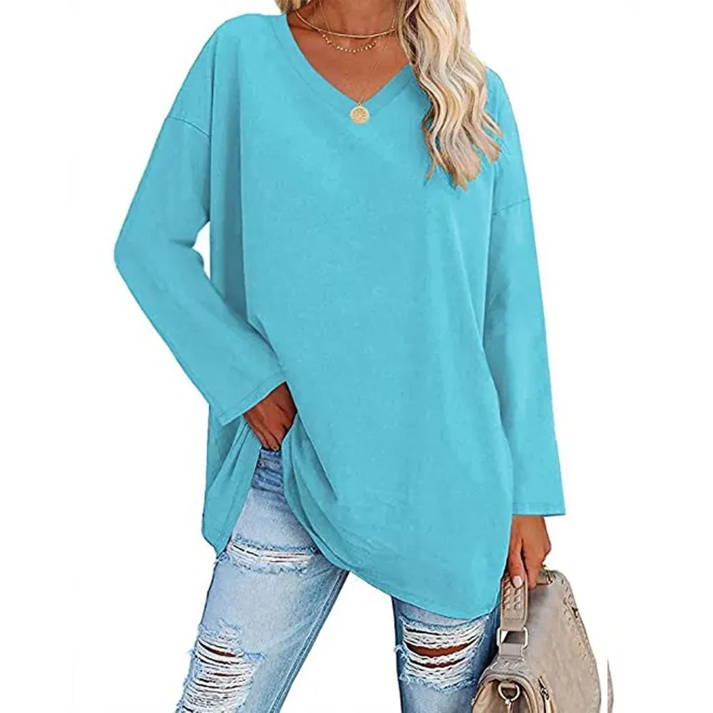 WOMENS LOOSE FASHION V-NECK TOP SHORT & LONG OPTION