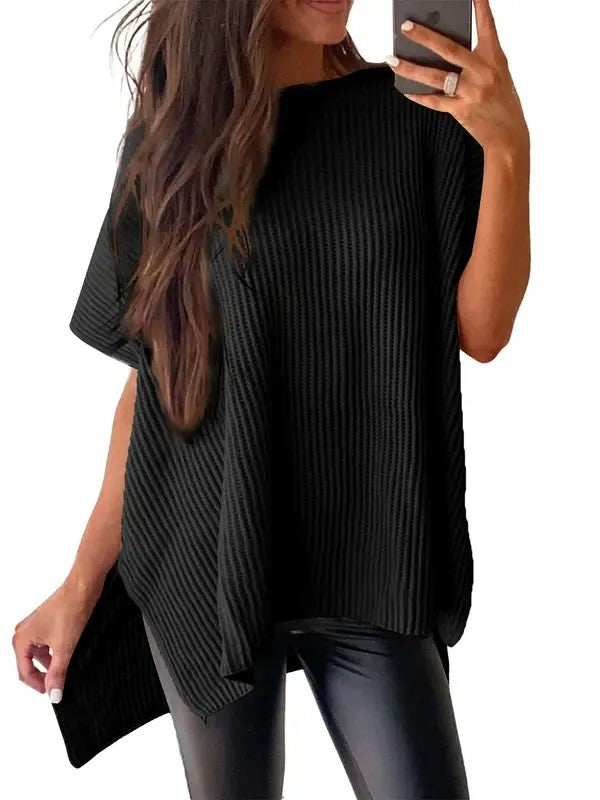 Women's Round Neck Side Slit Oversized Knit Top