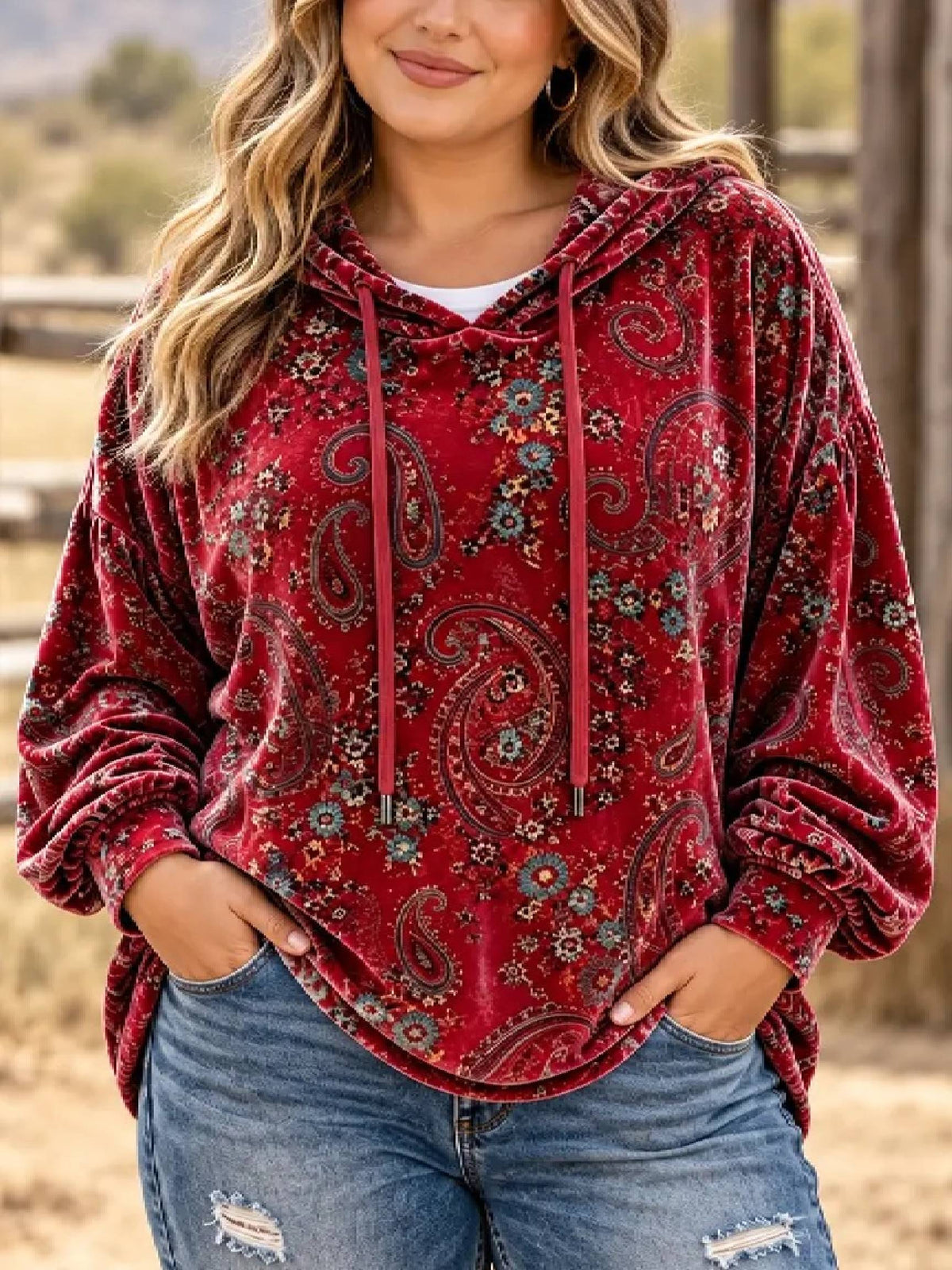 Hot Sale-Women Vintage Paisley Print Velvet Hoodie Top