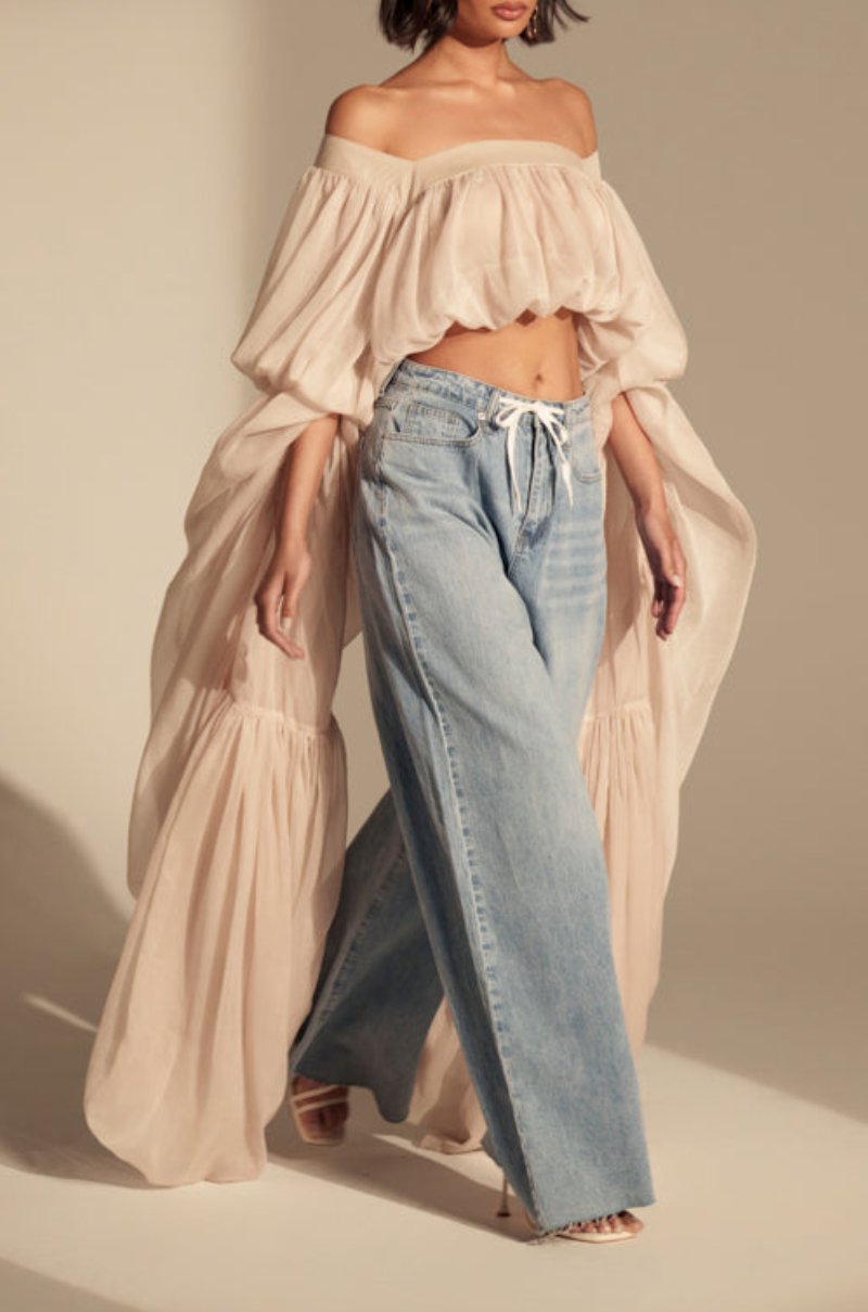 Women's loose square neck long-sleeved chiffon blouse