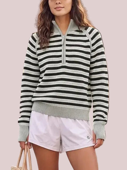 Women's Striped Waffle Knit Half Zip Pullover
