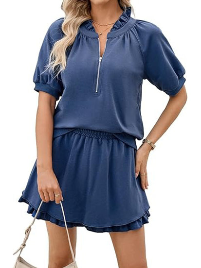 Women Half Zip Up Tops and Ruffled Shorts Lounge Set