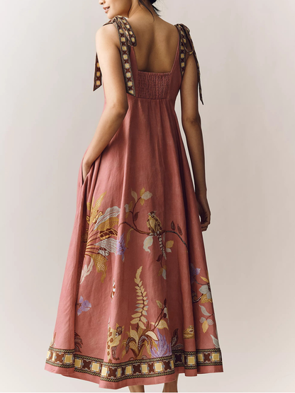 Women's Tie Strap Boho Floral Maxi Dress