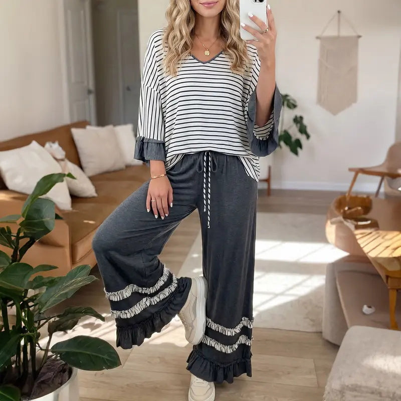 Women's color-blocked three-quarter sleeve striped V-neck ruffle two-piece pantsuit
