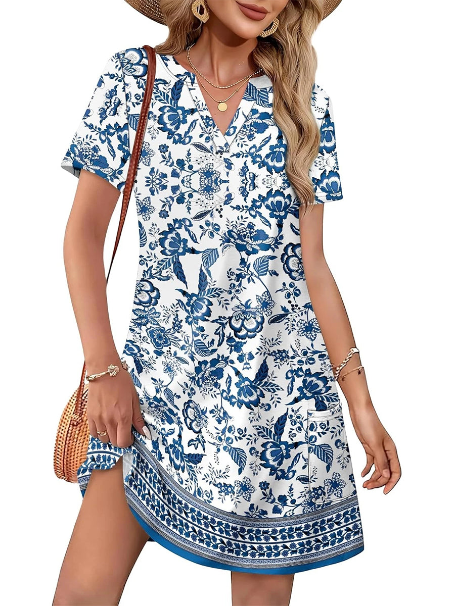 HOT SALE Women's Casual Printed V Neck Short Sleeve Pocket Midi Dress