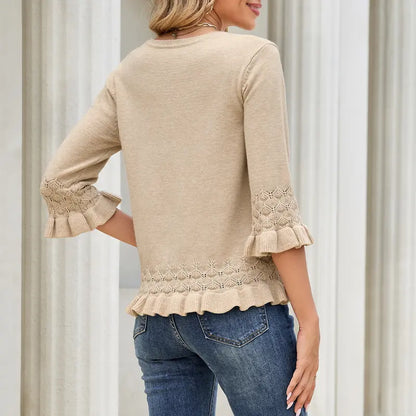 Feminine V-Neck Knit Blouse, Lightweight Ruffle 3/4 Sleeve Casual Top