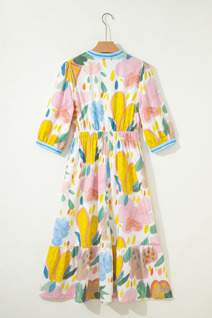 2026 Women's Watercolor Floral Elastic Waist Midi Dress