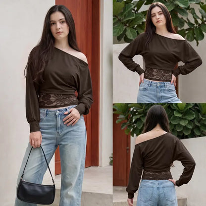 Y2K Off Shoulder Long Sleeve Top, Lace Waist Cutout Slim Crop Blouse