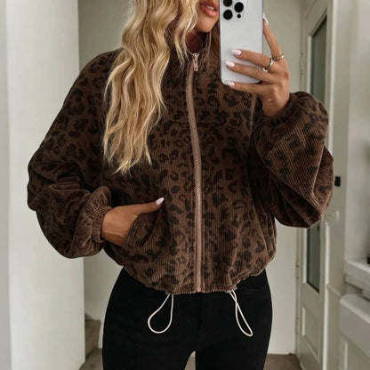 Women Leopard Print Zip Up Cropped Jacket With Drawstring Hem