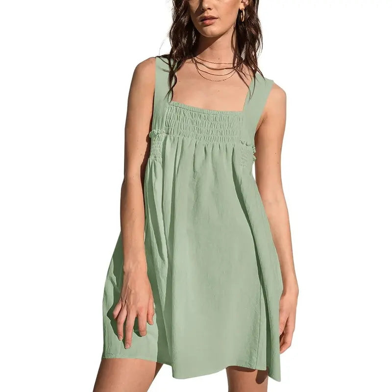 Smocked Square Neck Sleeveless Mini Dress