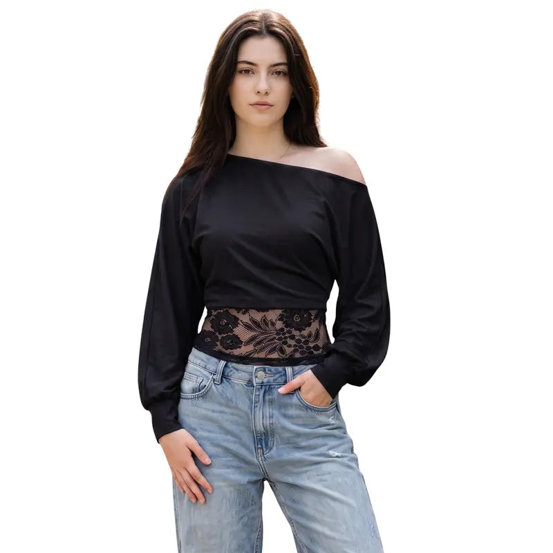 Y2K Off Shoulder Long Sleeve Top, Lace Waist Cutout Slim Crop Blouse