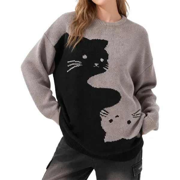 Cartoon Cat Round Neck Long Sleeve Sweater Preppy Style