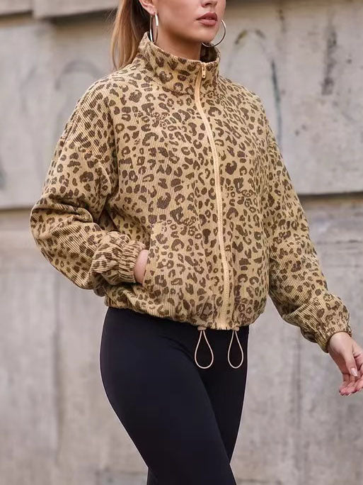 Women Leopard Print Zip Up Cropped Jacket With Drawstring Hem