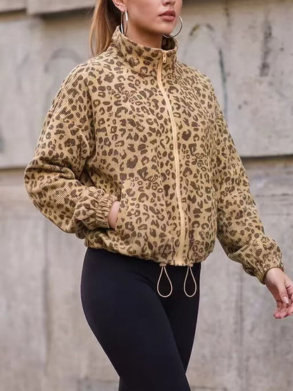 Women Leopard Print Zip Up Cropped Jacket With Drawstring Hem
