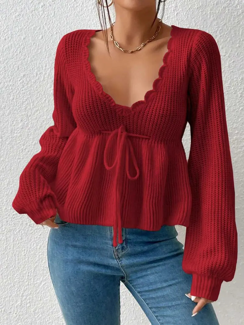 Women's Deep V-Neck Drawstring Tie Front Knit Crop Top, Scallop Trim Bishop Long Sleeve Peplum Sweater