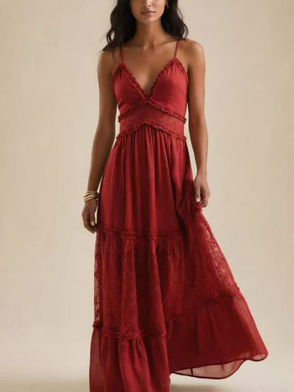 Women's Lace Trim Floral Chiffon Tiered Maxi Dress