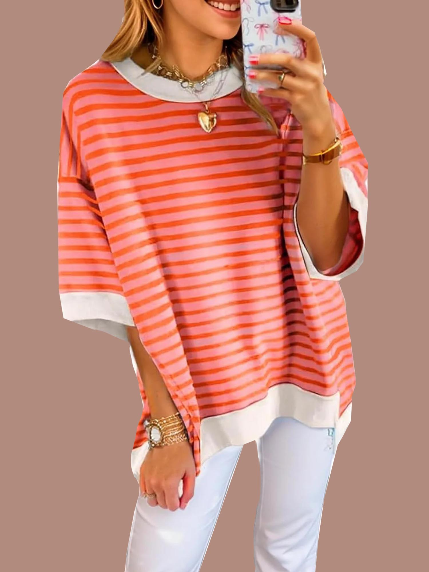 Women's Oversized Striped Color Block Half Sleeve Tops (Buy 2 Free Shipping)