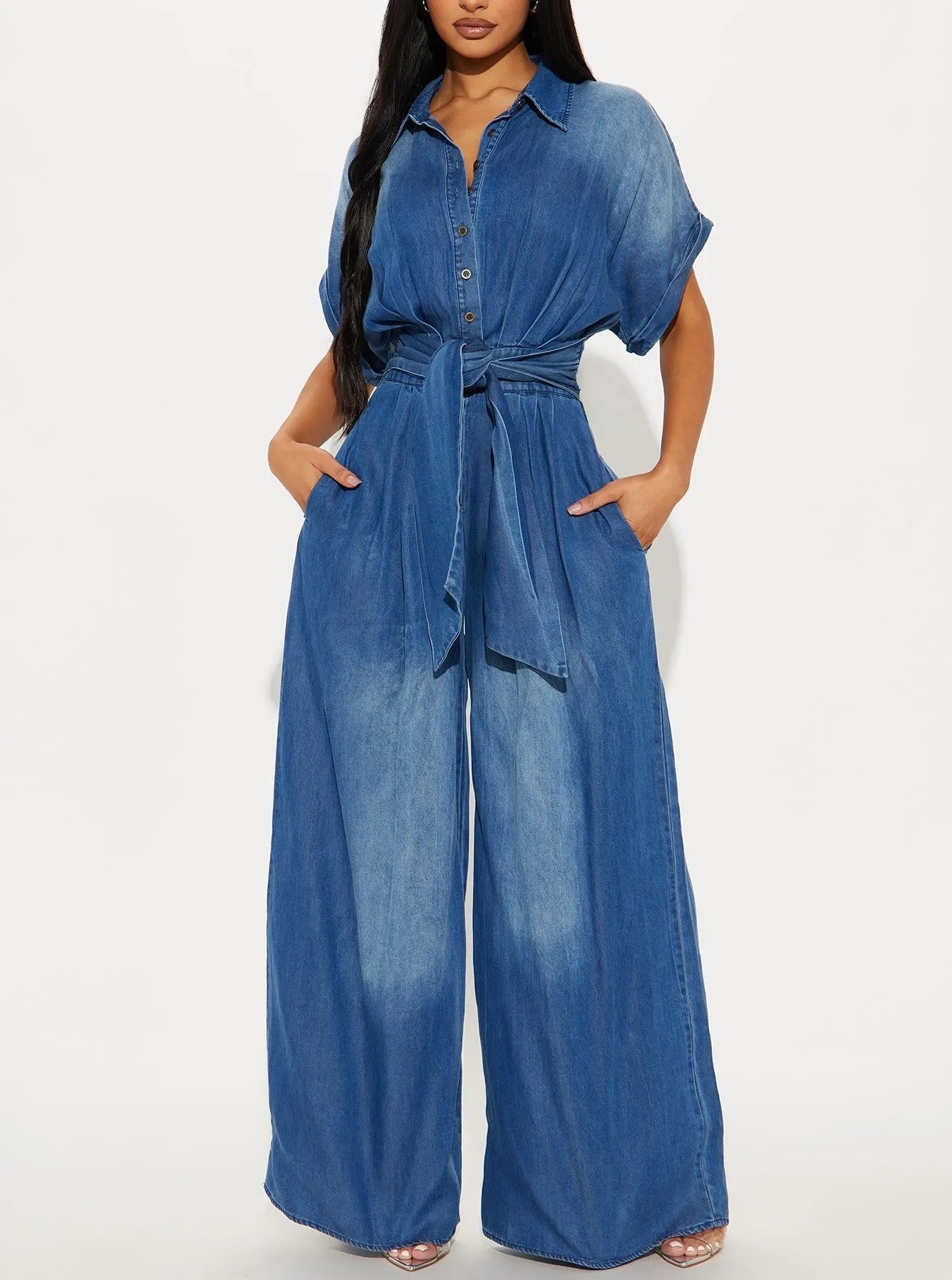Casual Bat Sleeve Tie-Waist Tencel Denim Wide-Leg Jumpsuit
