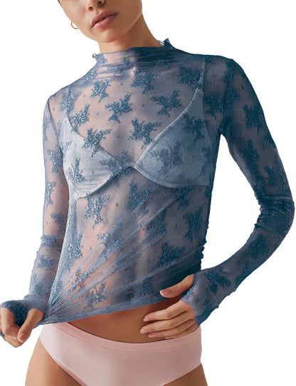 Women Long Sleeve Tops Sheer Lace Basic Shirt Casual Pullover for Fall Club Streetwear Aesthetic Clothes(Buy 3 Free Shipping)