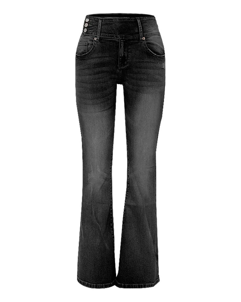 MIDIROSS VINTAGE BUTTON SIDE DESIGN MID WAIST STRETCH FLARE JEANS(Buy 2 Free Shipping)