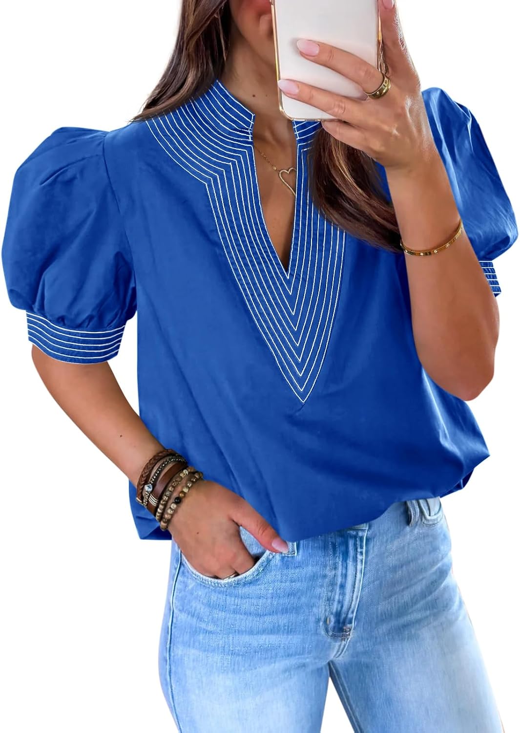 Womens Puff Short Sleeve Blouses V Neck Tops Loose Fit Tee Shirts