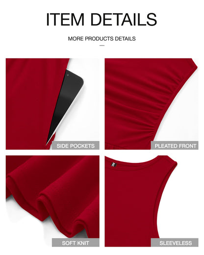 Women's Solid Color Sleeveless Waist Pleated Design Dress with Pockets