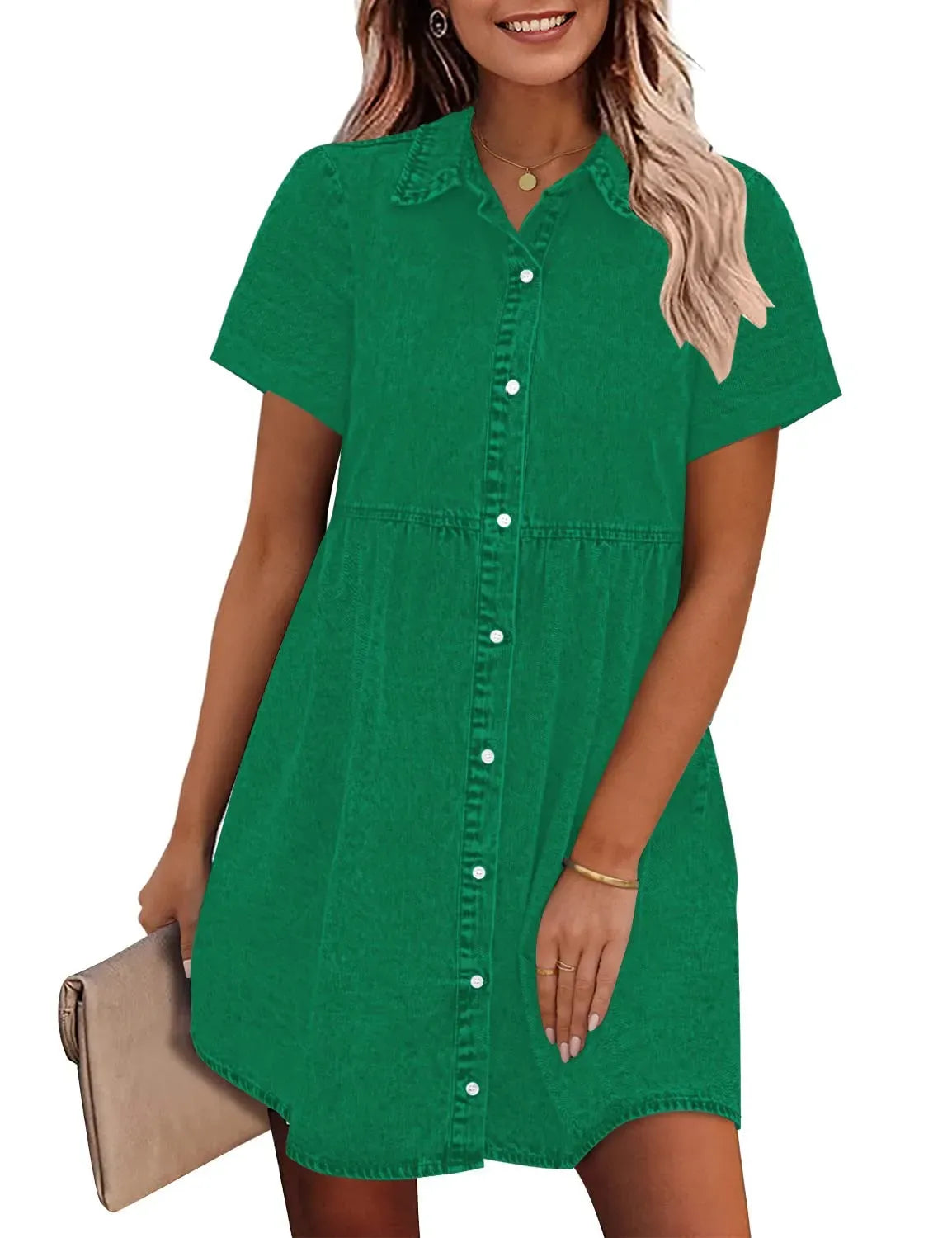 Women's Short Sleeve Button Down Flowy Tiered Babydoll Denim Dress（Buy 2 Free Shipping）