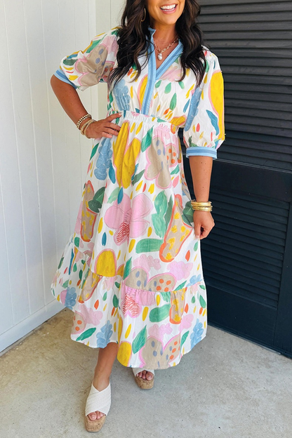 2026 Women's Watercolor Floral Elastic Waist Midi Dress