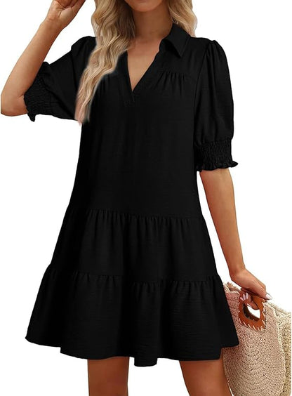 Women's Layered V-Neck Dress with Lapels and Puff Sleeves（BUY 2 FREE SHIPPING)