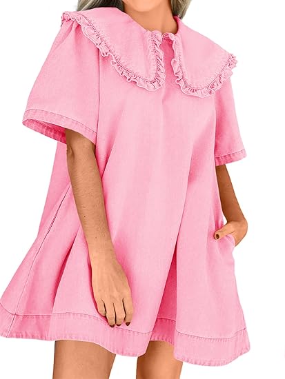 Loose Peter Pan collar short-sleeved casual denim babydoll dress（BUY 2 FREE SHIPPING)