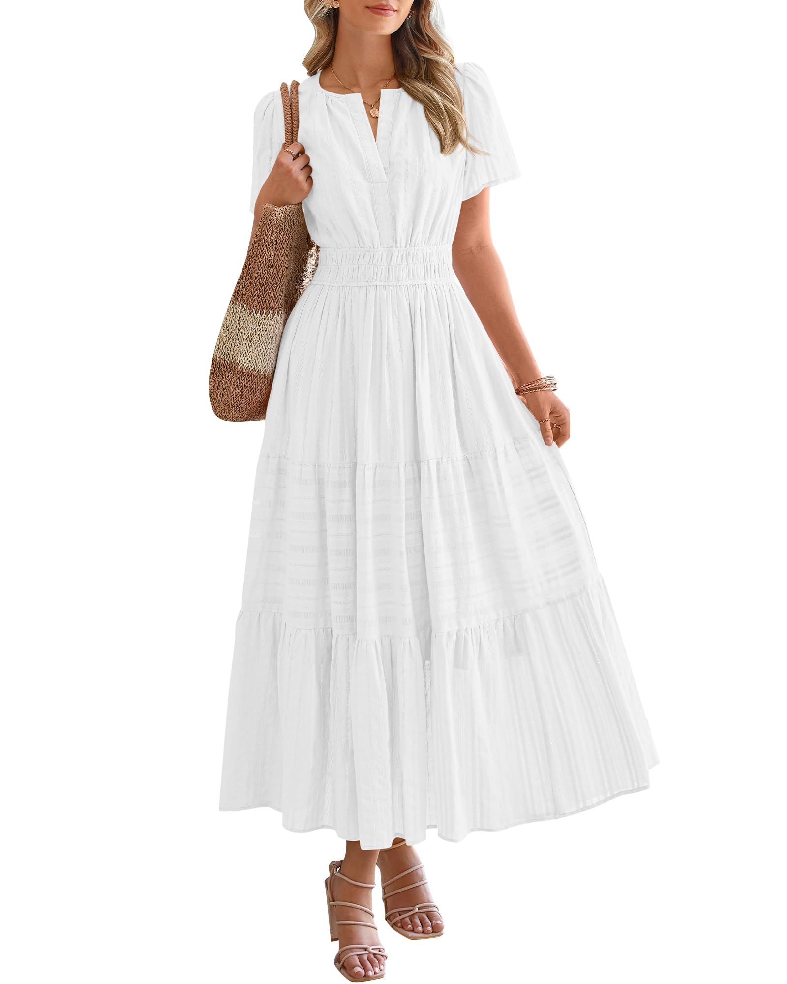 HOT SALE-Women's Lightweight Short Sleeve V Neck Elastic Waist Dresses