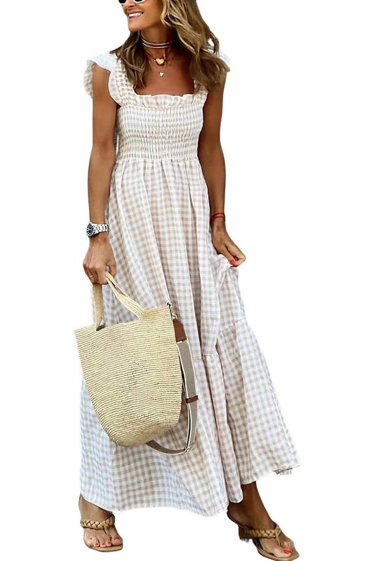 Women's Retro Plaid Smocked Dress Spaghetti Strap Flounce Long Dress