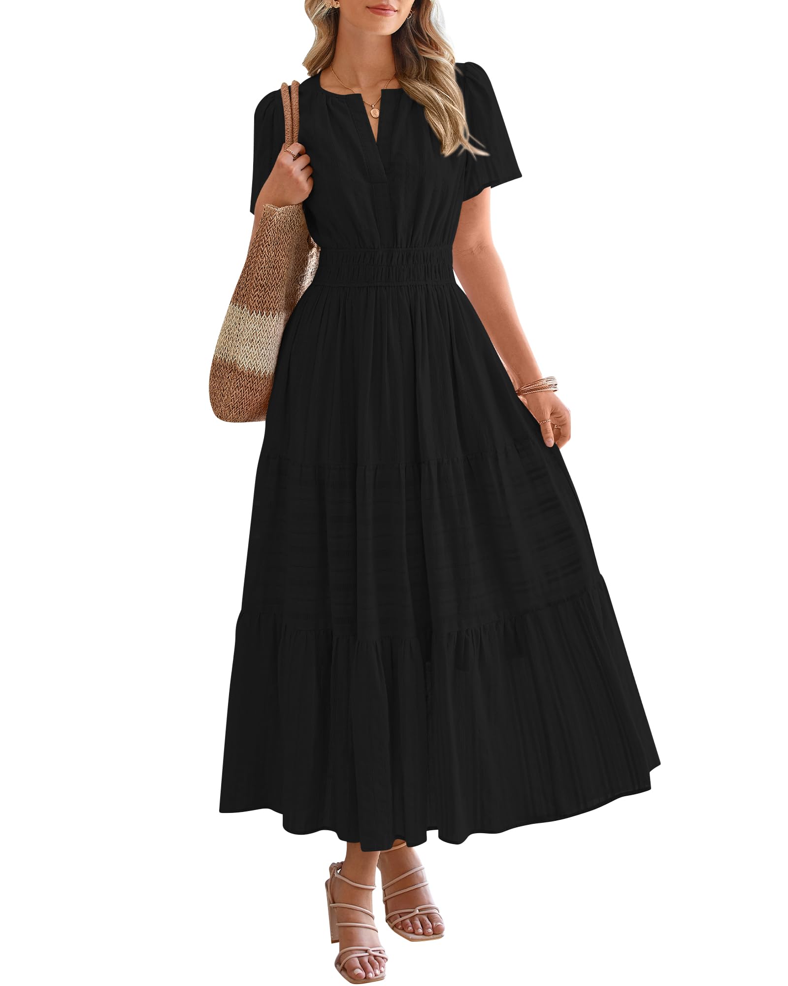 HOT SALE-Women's Lightweight Short Sleeve V Neck Elastic Waist Dresses