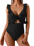 Women Tummy Control Ruffle Bathing Suit V Neck Ruched Swim Suit