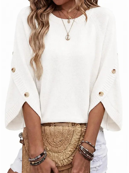 Women Crew Neck Split Button 3/4 Sleeve Oversized Knit Pullover