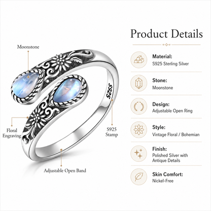 🔥Last Day 50% OFF🌙Moonstone Bloom Ring | Vintage Style • Adjustable Fit • Timeless Elegance