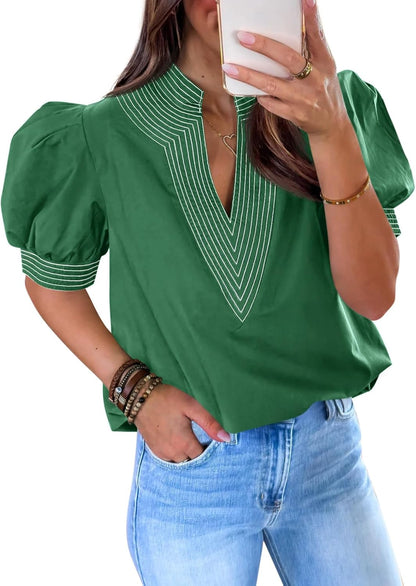 Womens Puff Short Sleeve Blouses V Neck Tops Loose Fit Tee Shirts