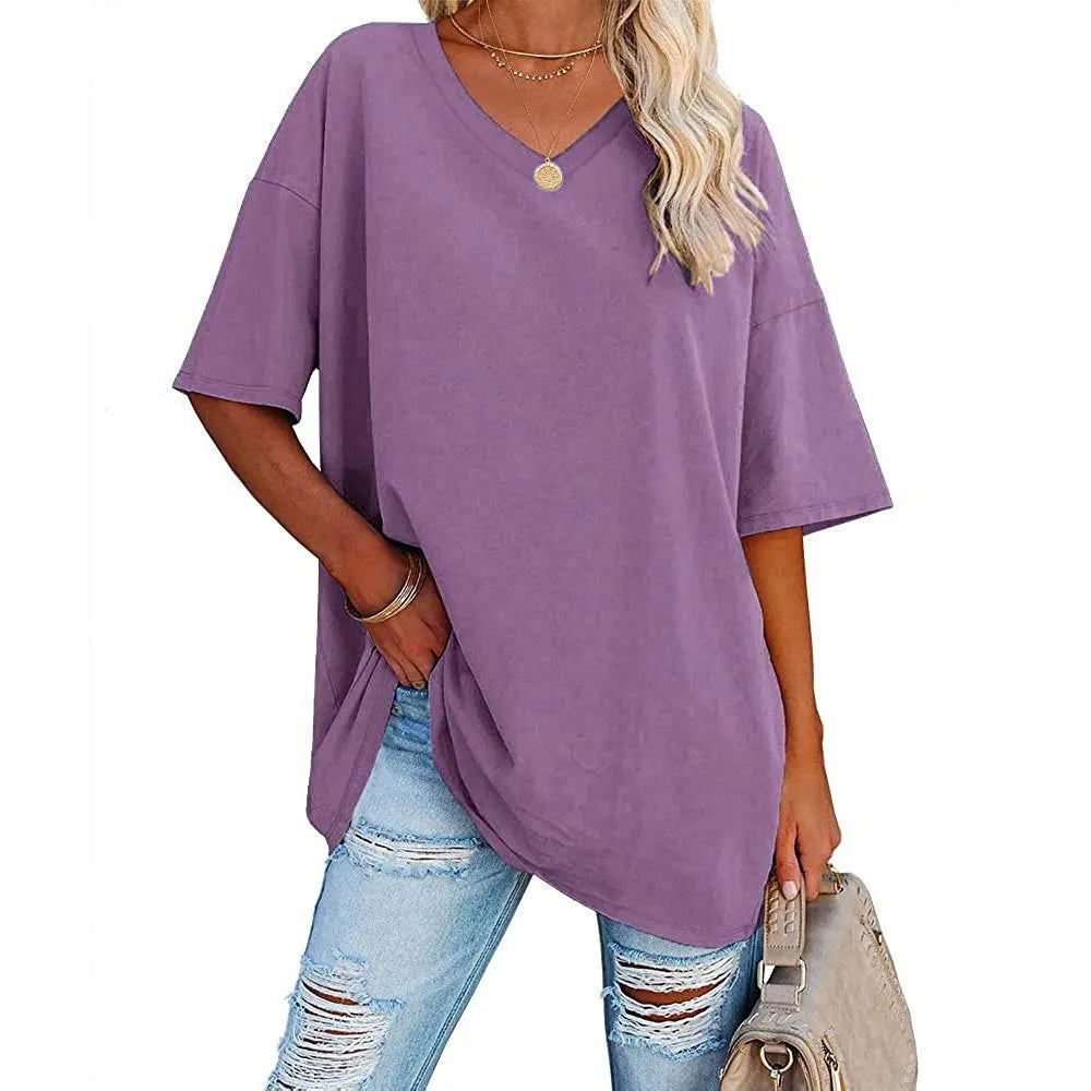HOT SALE-WOMENS LOOSE FASHION V-NECK TOP SHORT & LONG OPTION