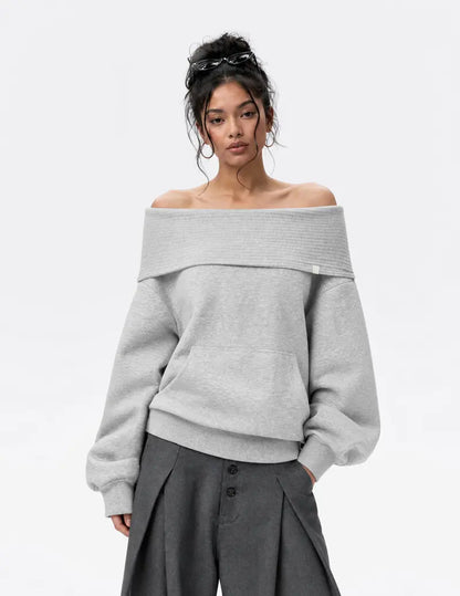 Dual Style Knit Hoodie, Convertible Off Shoulder / Hooded Balloon Sleeve Top