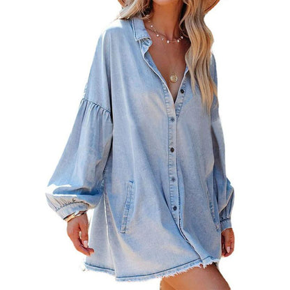 Women's Oversized Distressed Denim Button-Down Shirt Tunic Dress（buy 2 free shipping）