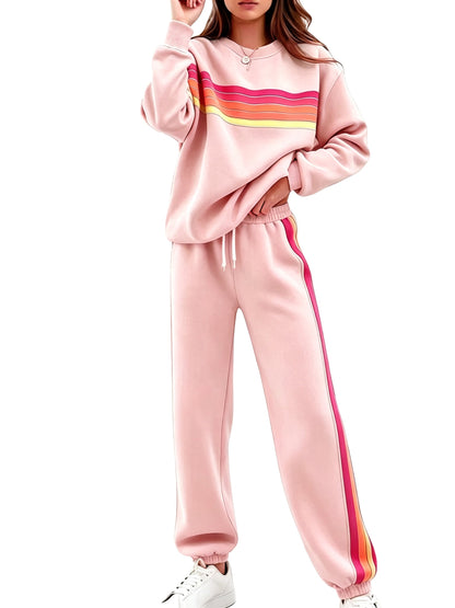 Women Retro Rainbow Stripe 2 Piece Sweat Loungewear Set