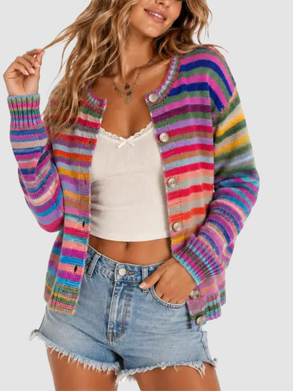 Limited time sale🔥Women Sweet Casual Rainbow Stripe Open‑Front Long‑Sleeve Knit Cardigan