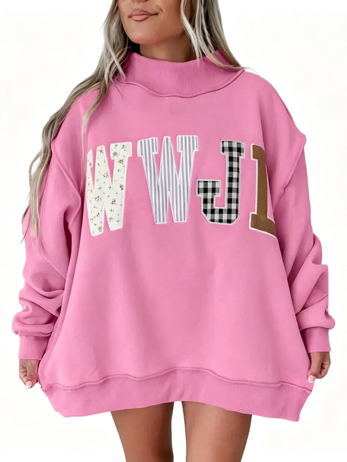 Women Mock Neck Applique Letter Pullover Sweatshirt