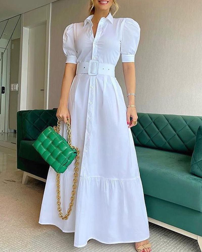 Women's Striped Puff Sleeve Belted Maxi Dress
