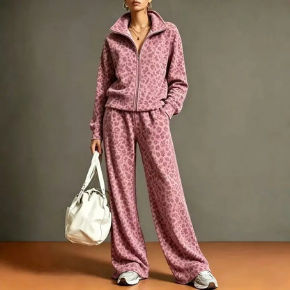 Leopard Print Zip Up Sweatshirt & Wide Leg Pants 2 Piece Tracksuit Set